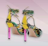 Capri Lace Up Heels in Green & Fuchsia